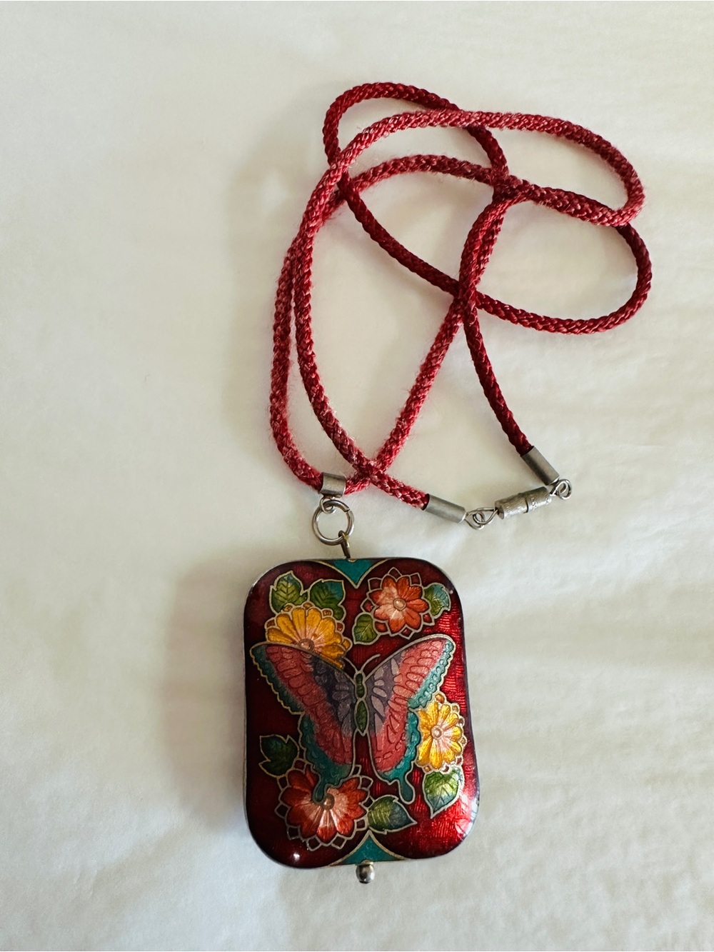Vintage Cloisonné Pendant Necklace, Butterfly Floral, Red  Puffy 2 Sided - Picture 4 of 7